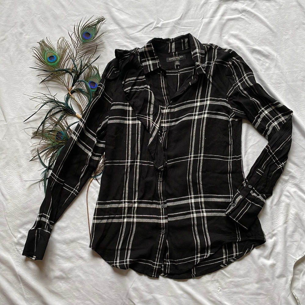 Banana Republic Black and White Plaid Button-Down with Ruffle Detail